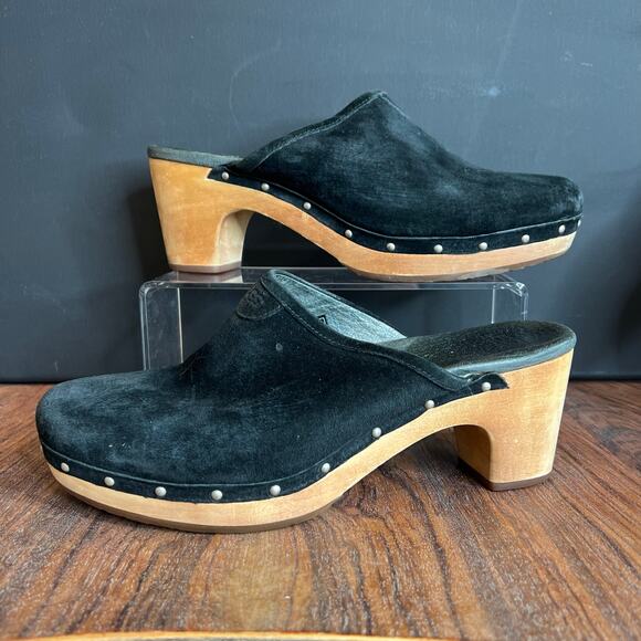 UGG Australia Black Suede Leather Studded Wood Heel Platform Clogs Mules - Picture 4 of 16